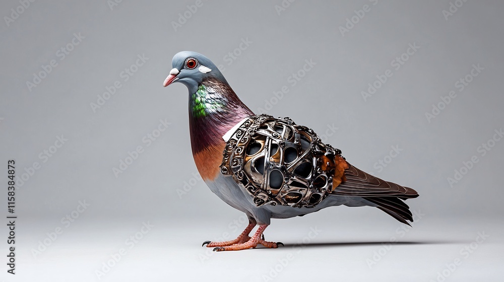 Obraz premium Intricate Metalwork Adorns a Majestic Pigeon: Close-Up Photo Illustration. AI Generated