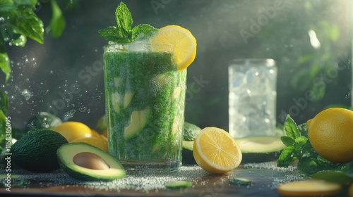 A green detox smoothie with lemon in a glass, garnished with fresh mint leaves. Surrounded by fresh lemons and avocado. In the background is a glass of water with lemon. photo