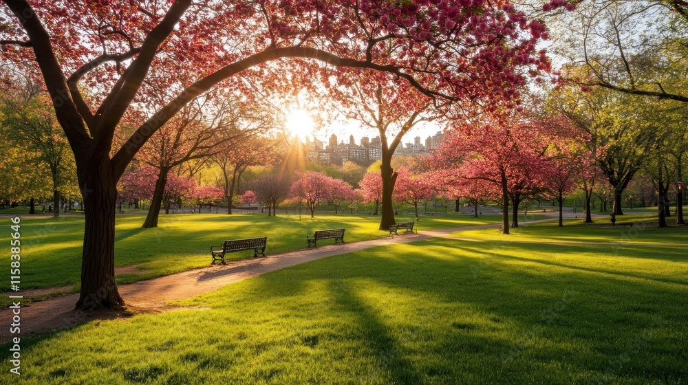 Fototapeta premium Sunlit park path with blooming trees, benches, and cityscape in background.
