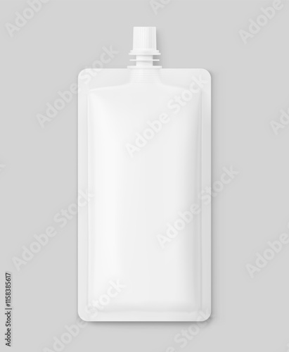 Pouch up bag mockup with spout. Vector illustration isolated on grey background. Front view. Can be use for template your design, presentation, promo, ad. EPS10.