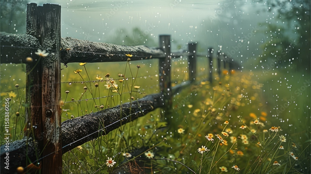 Fototapeta premium A rustic countryside fence with raindrops delicately clinging to the wire, the tranquil beauty of a rainy day. The background features greenery and wildflowers.