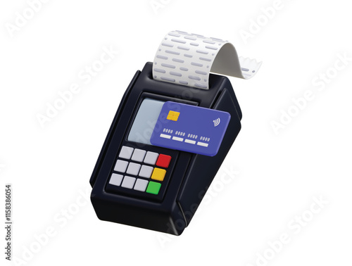 Pos machine payment Terminal with Card and Receipt icon 3d Render concept of Modern POS Bank Payment Device. Payment NFC Keypad Machine. Credit Debit Card Reader. online Payment Transaction
