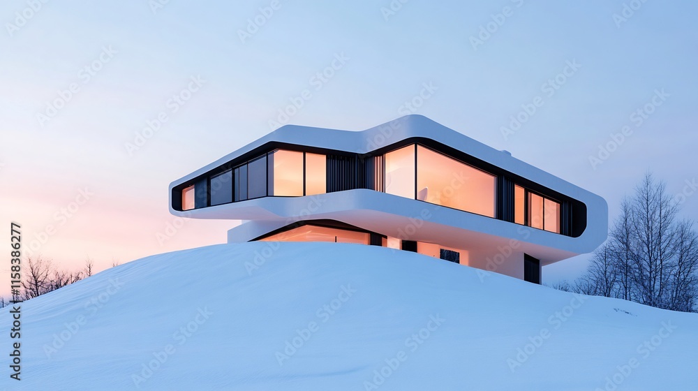 Stunning Modern Home Photo: Wide Shot of Curving Architecture at Dusk, Snow-Covered Hillside. AI Generated Stunning Modern Home Photo: Wide Shot of Curving Architecture at Dusk, Snow-Covered Hillside. AI Generated