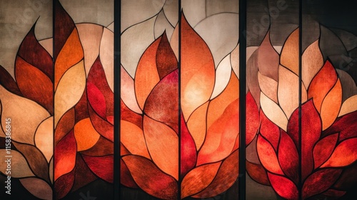 Abstract fire flame leaf stained glass artwork.