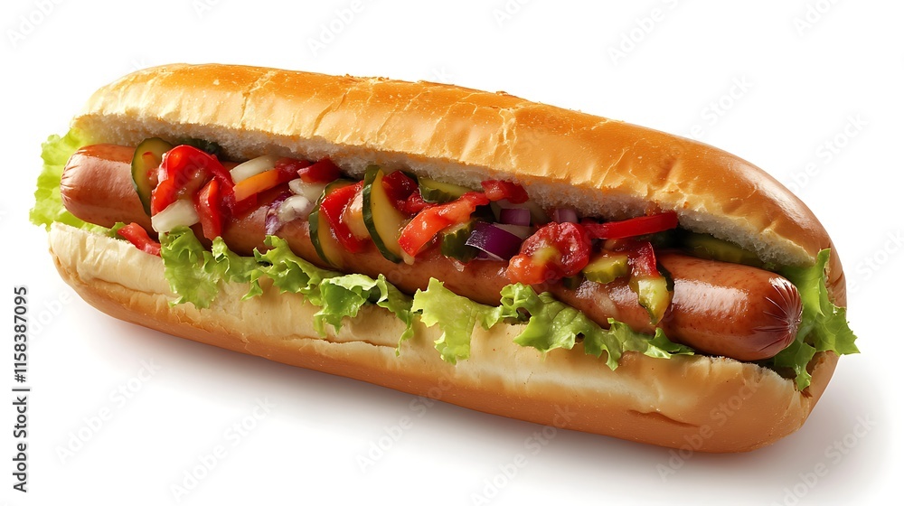Hand showcasing a classic hotdog with condiments on bright white Hand showcasing a classic hotdog with condiments on bright white