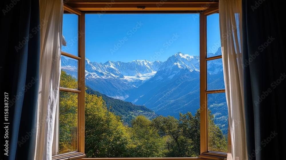 Majestic mountain view seen through a rustic window. Majestic mountain view seen through a rustic window.