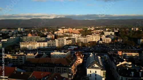 Wallpaper Mural Establishing drone shot of Nyon cityscape at sunrise in Canton of Vaud Switzerland Torontodigital.ca