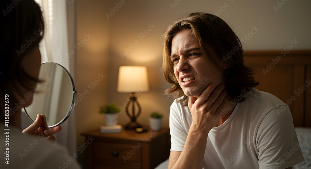 A young man grimaces while examining his throat in a mirror, suggesting discomfort or illness. A young man grimaces while examining his throat in a mirror, suggesting discomfort or illness.