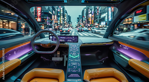 A hyper-futuristic analog and AR interface inside a sleek driverless vehicle. The interior features maximalist design with clean lines and simple colors, showcasing innovation and luxury. photo