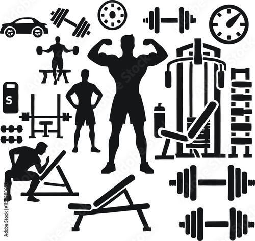 illustration of a silhouette of a body builder person. Gym 