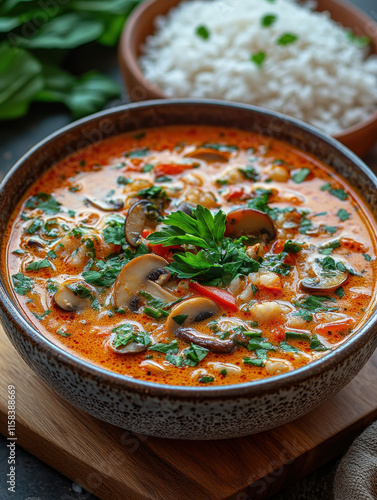 Chicken Mushroom Soup, Wooden Table, Rustic Backdrop - Ready to Serve in Family Meal Setting