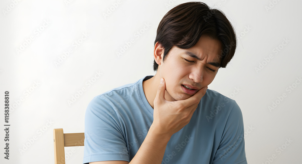 A young man grimaces while holding his jaw, indicating discomfort or pain. A young man grimaces while holding his jaw, indicating discomfort or pain.