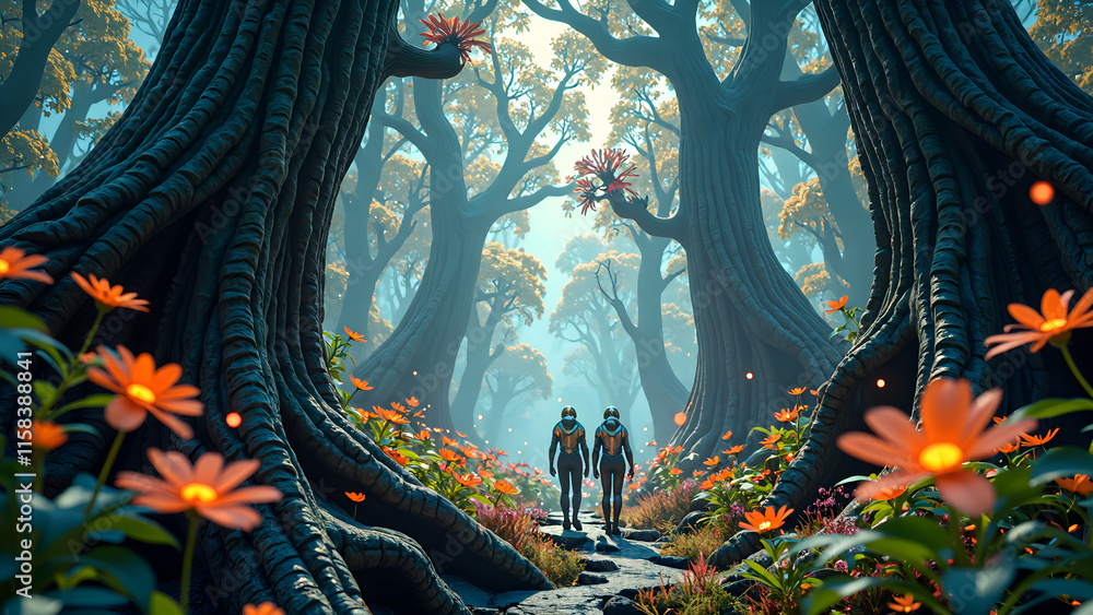 Obraz premium Journey through a mystical forest filled with vivid flowers and towering trees, digital art of fantasy landscape concept.
