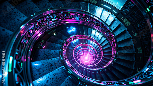 A captivating neon spiral staircase emphasizing futuristic design and vibrant lighting, digital art of abstract concept.
