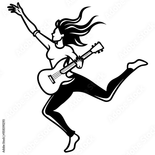 Silhouette of a Woman Rocking Out with Electric Guitar in Motion