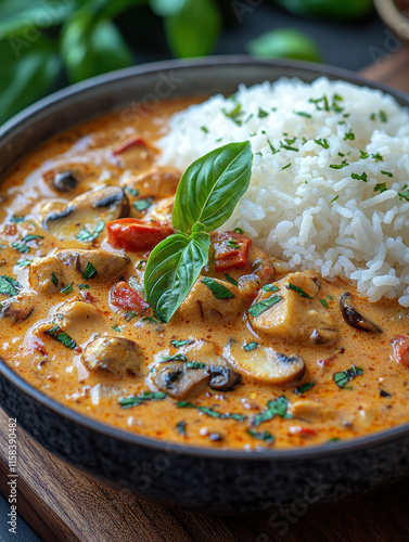 Creamy Thai Chicken Curry, Wooden Table Setting, Food Photography