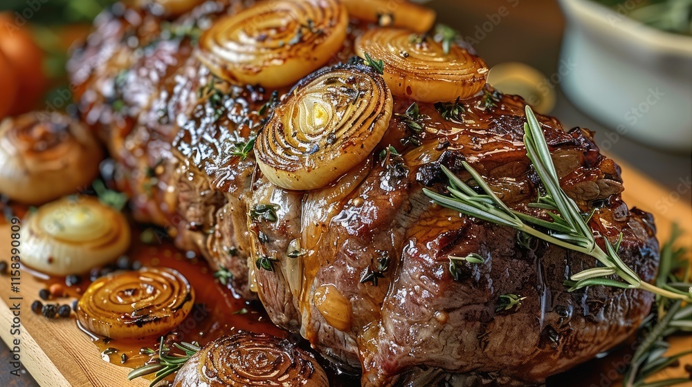 Fototapeta premium Saffron Honey Roasted Lamb with Caramelized Onions.