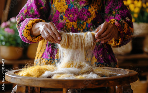 Golden silk threads delicately spun, a timeless craft preserved. Hands carefully untangle the raw silk, a breathtaking sight. photo