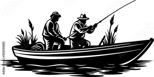 Fishermen in Boat Catching Fish - Fishing Illustration