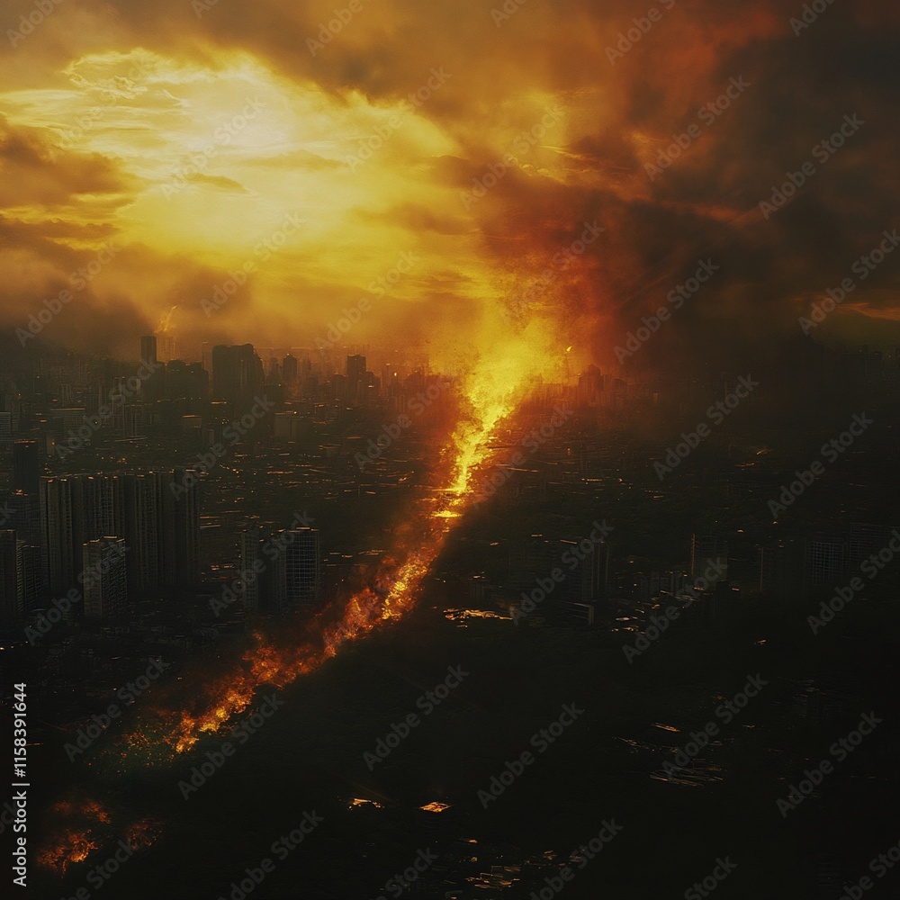 Fototapeta premium Apocalyptic Fiery Inferno Engulfing Futuristic Urban Skyline in Dramatic Chaos and Destruction