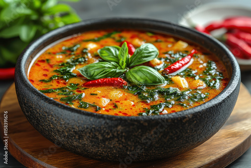 Richly Colored Spicy Tomato Soup, Wooden Surface, Fresh Herbs, Red Chili Pepper, Commercial Food Photography