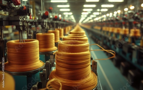 Intricate dance of golden threads, a symphony of spinning machines in a textile factory. The rhythmic whir of industry unfolds. photo