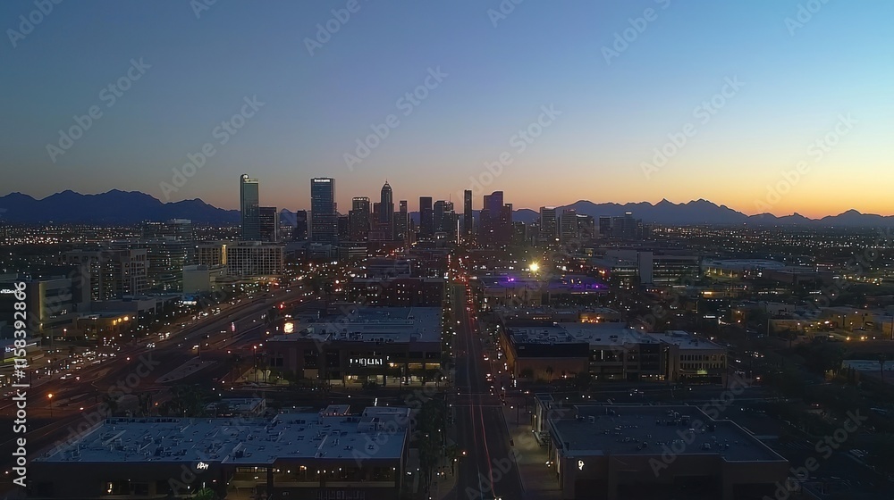 Fototapeta premium A sunset view of a city skyline with mountains in the background.