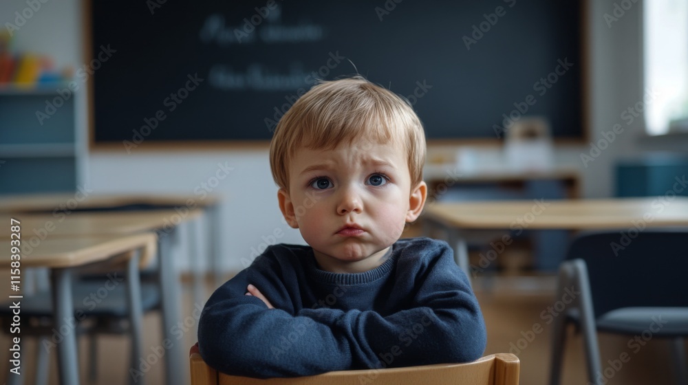 Child displaying restless behavior in a classroom, fidgeting with hands and feet, unable to focus on the lesson. The scene captures the challenges of maintaining attention and discipline in a learning Child displaying restless behavior in a classroom, fidgeting with hands and feet, unable to focus on the lesson. The scene captures the challenges of maintaining attention and discipline in a learning