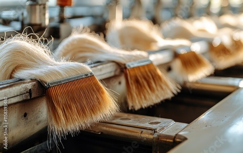 Close-up of industrial fiber combing machine; soft, light fibers gently brushed, revealing intricate details of the process. Precise engineering at work! photo