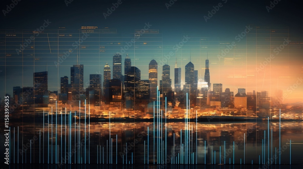 Fototapeta premium Stunning modern city skyline featuring a mix of high rise buildings and digital financial graphics and analytics overlaying the urban landscape
