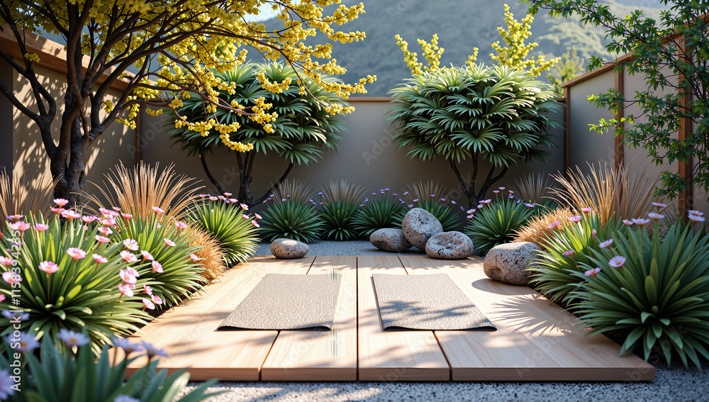 Obraz premium A tranquil outdoor space with yoga mats surrounded by lush flora and peaceful stones, 3d rendering of zen garden concept.
