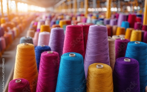 Vibrant yarn cones fill a warehouse, a tapestry of colors ready for creation. A colorful textile industry scene.