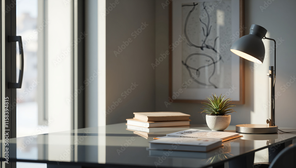 A cozy study area with natural light, modern decor, and a touch of greenery, photography of interior design concept. A cozy study area with natural light, modern decor, and a touch of greenery, photography of interior design concept.