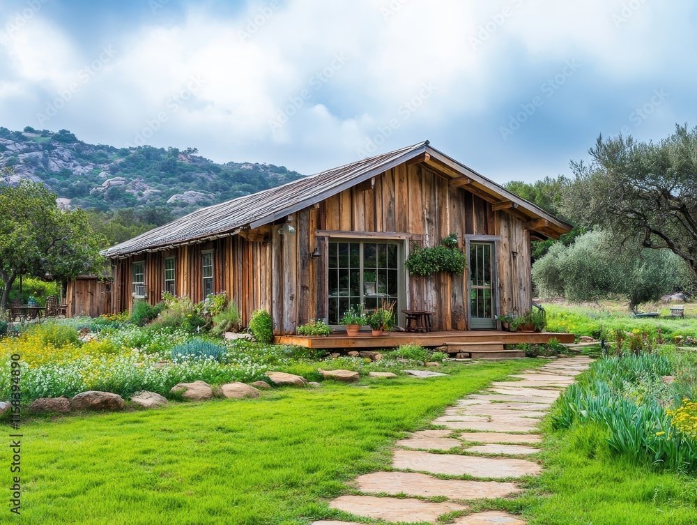 Rustic Wooden Cabin Nestled In A Lush Green Landscape Rustic Wooden Cabin Nestled In A Lush Green Landscape