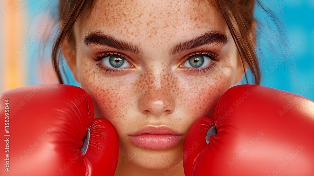 Young Boxer with Freckles and Bold Red Gloves Displaying Intense Focus Against a Colorful Background for Sports and Fitness Themes Young Boxer with Freckles and Bold Red Gloves Displaying Intense Focus Against a Colorful Background for Sports and Fitness Themes