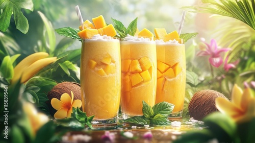 Exquisite tropical smoothies made with mango and coconut served in tall glasses, garnished with fresh mint leaves and surrounded by vivid greens and florals. photo