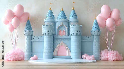 Pastel blue castle with pink balloons and clouds.