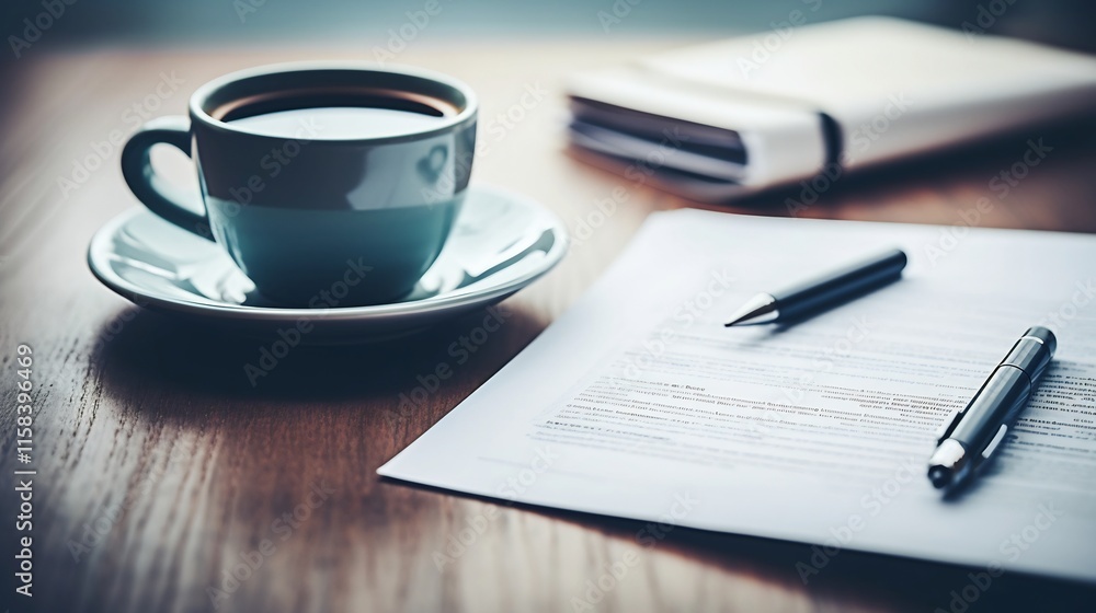Close up view of detailed financial reports pen and cup of coffee on a wooden desk representing a productive work session for financial analysis planning and decision making Close up view of detailed financial reports pen and cup of coffee on a wooden desk representing a productive work session for financial analysis planning and decision making