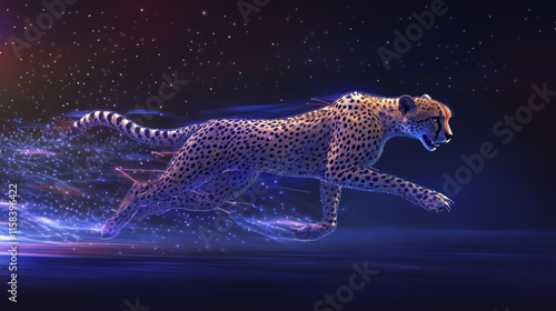 High speed concept. Cheetah in motion in the form of a starry sky or space, consisting of point, line, and shape in the form of planets, stars and the universe. Vector wireframe concept. Blue purple photo