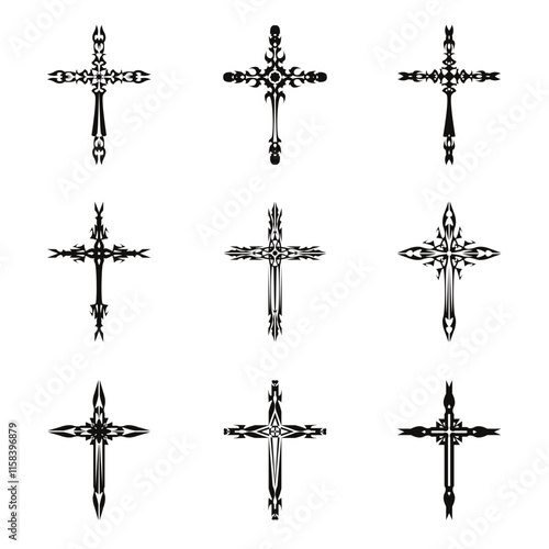 Christian cross vector icon symbols.  Abstract christian religious belief or faith art illustration for orthodox or catholic design. The symbol of the cross in various designs used in tattoo.