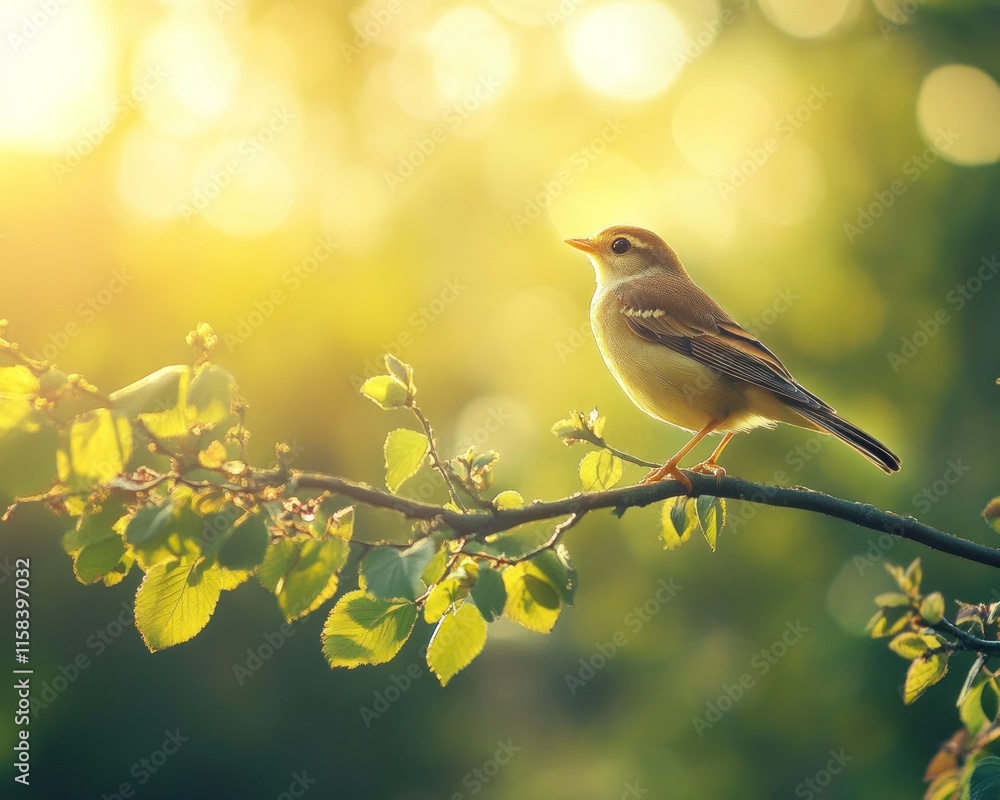 Small bird perched on a branch at sunset, bathed in golden light. Small bird perched on a branch at sunset, bathed in golden light.