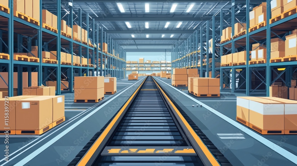 Industrial Warehouse Interior with Stacked Cardboard Boxes and Rail Tracks for Logistics and Supply Chain Management in Modern Storage Facility Industrial Warehouse Interior with Stacked Cardboard Boxes and Rail Tracks for Logistics and Supply Chain Management in Modern Storage Facility