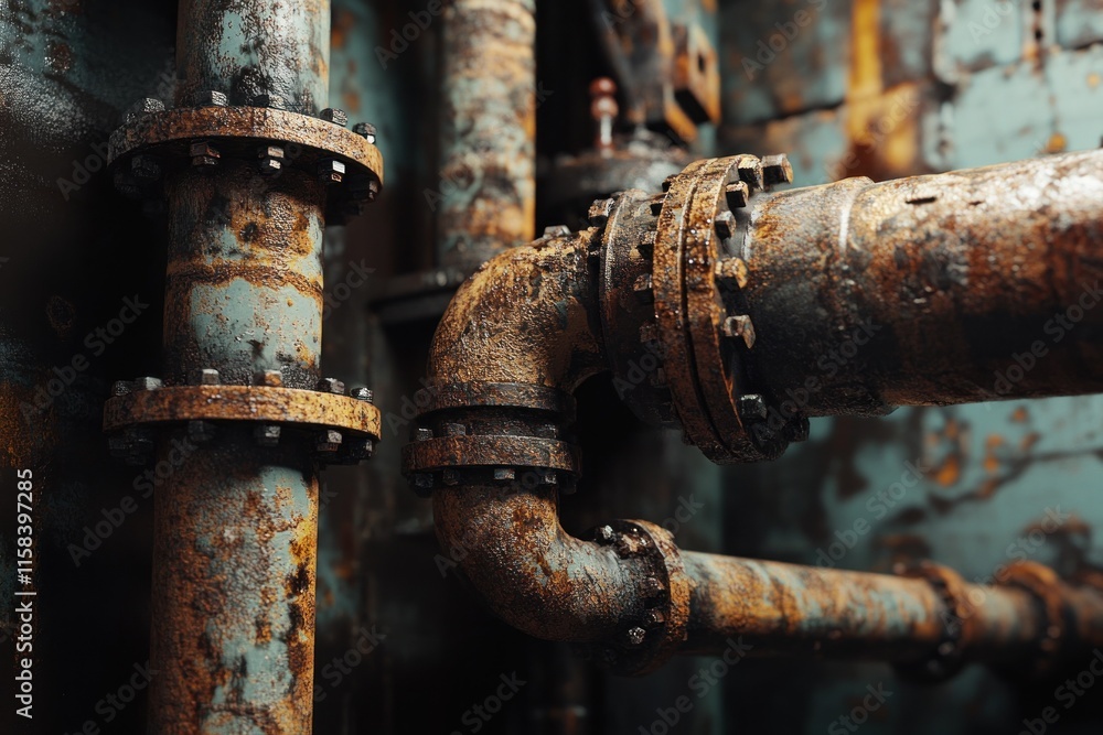 Close-up of rusty, aged industrial pipes and metal fittings. Close-up of rusty, aged industrial pipes and metal fittings.