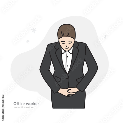 Illustration of a female office worker who greets her hands neatly and politely