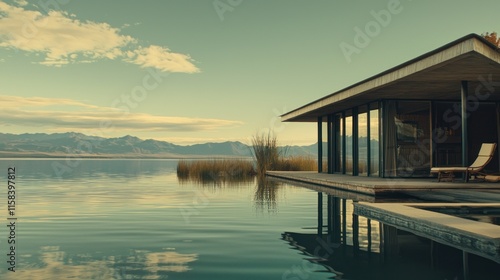 A serene lakeside modern house with reflective water and mountains in the background.
