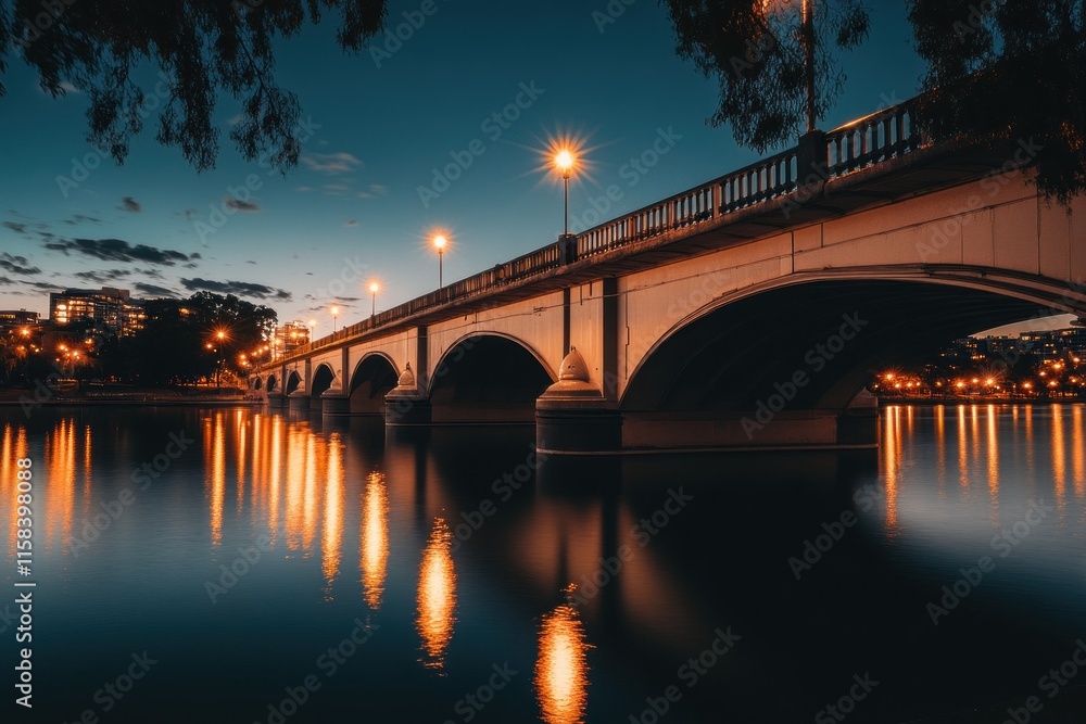 Night view of a lit bridge over calm water reflecting city lights. Night view of a lit bridge over calm water reflecting city lights.