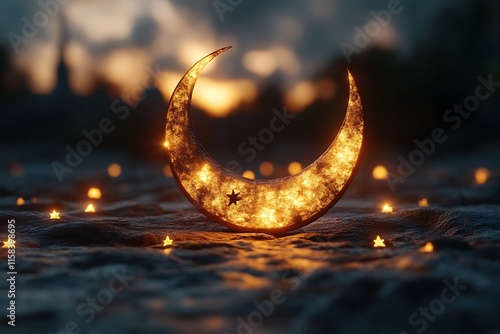 Glowing crescent moon with stars at sunset. photo