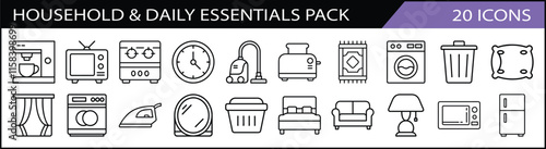 Set of 20 Household and Daily Essentials Icons Pack - A versatile set of 20 household essentials-themed line icons, including furniture, appliances, cleaning tools, and daily necessities.