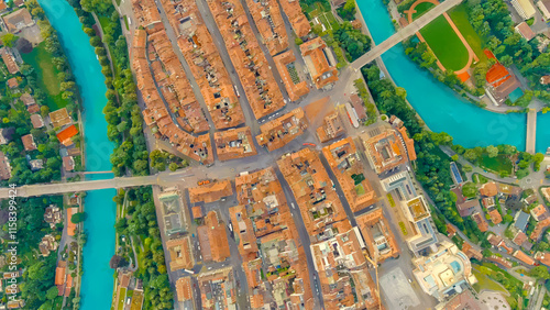 Bern, Switzerland. Watercolor illustration. Historic street Kramgasse. Panorama of the city with a view of the historical center. Summer morning, Aerial View photo