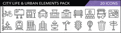 Set of 20 City Life and Urban Elements Icons Pack - An urban collection of 20 city life-themed line icons, showcasing transport, buildings, street signs, and metropolitan visuals.